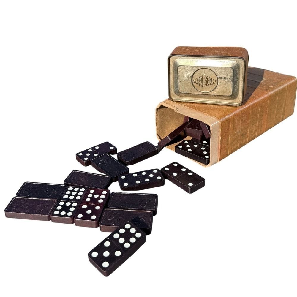 Vintage 1950s Halsam Double Nine Dragon Dominoes With Original Case Made In USA